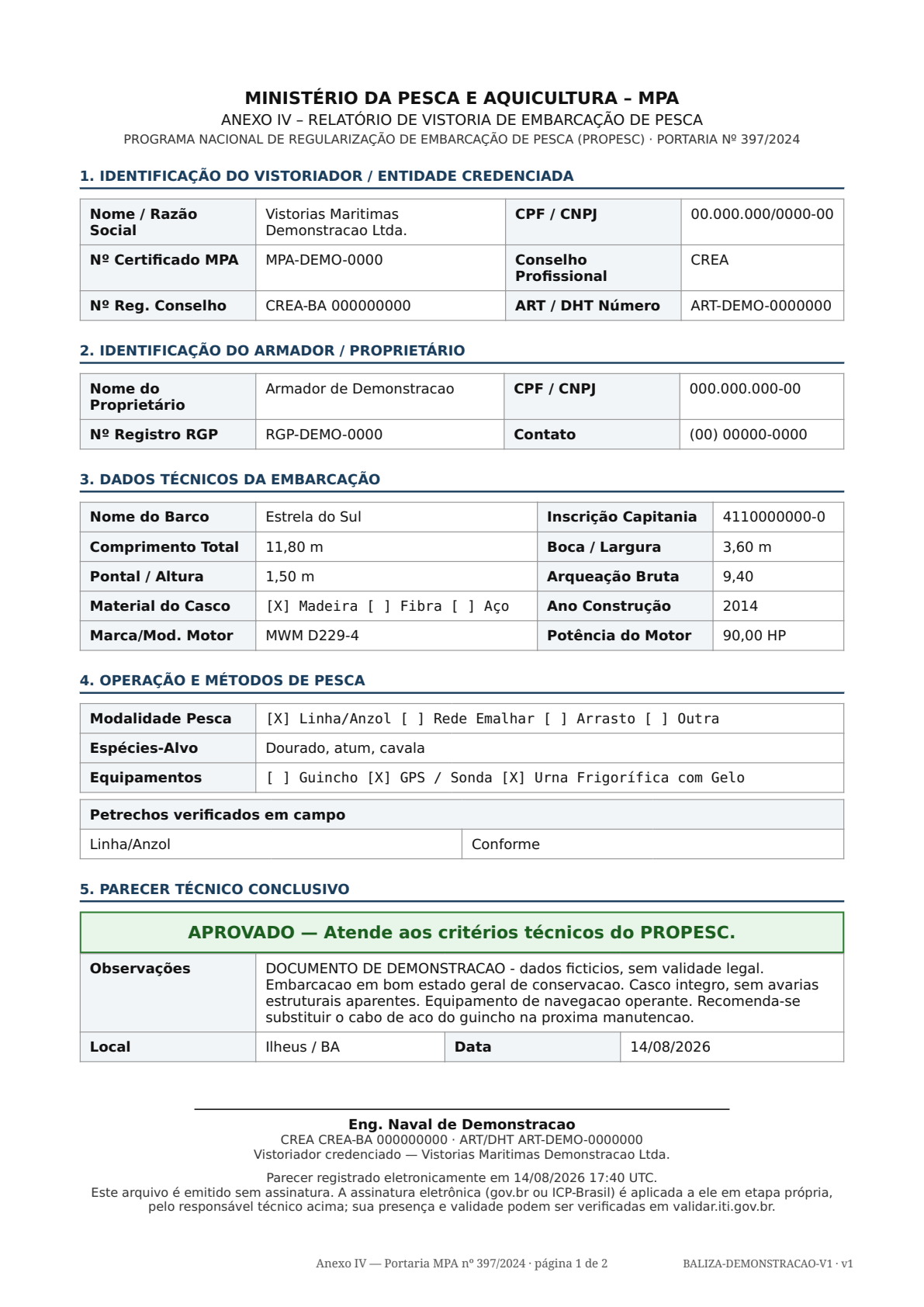 Primeira página do relatório: identificação, dados da
                    embarcação, operação e parecer técnico.